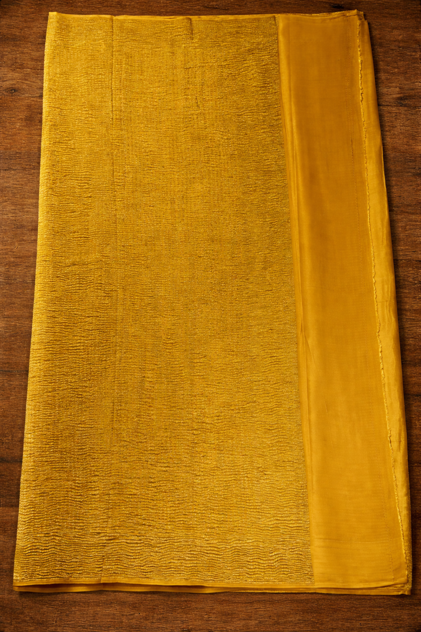 Pure Crepe - Fine Vertical Stripes Interspersed  with Ornate Red Floral Zari Panels - Mustard Yellow