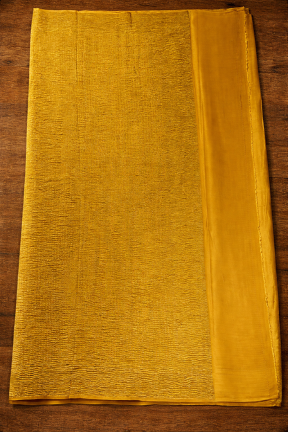 Pure Crepe - Fine Vertical Stripes Interspersed  with Ornate Red Floral Zari Panels - Mustard Yellow