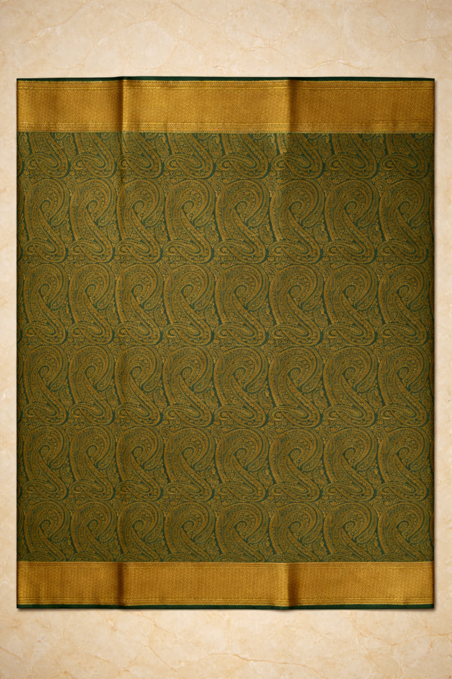Pure Crepe - A large Elaborate Paisley (Kalki) Motifs all over with a Geometric Border - Green