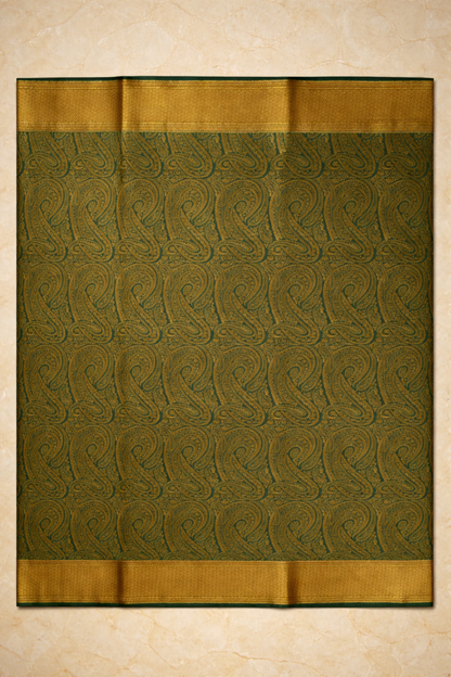 Pure Crepe - A large Elaborate Paisley (Kalki) Motifs all over with a Geometric Border - Green