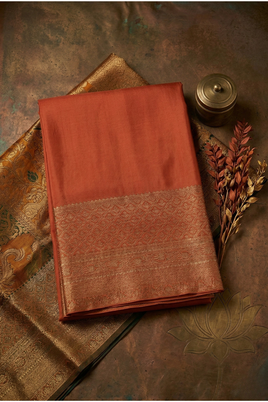 Pure Crepe - Plain Saree with Antique Broad Zari  Border - Rust Orange