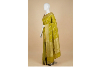 Gold Zari Floral Creeper Motifs with Small Mango Border - Parrot Green