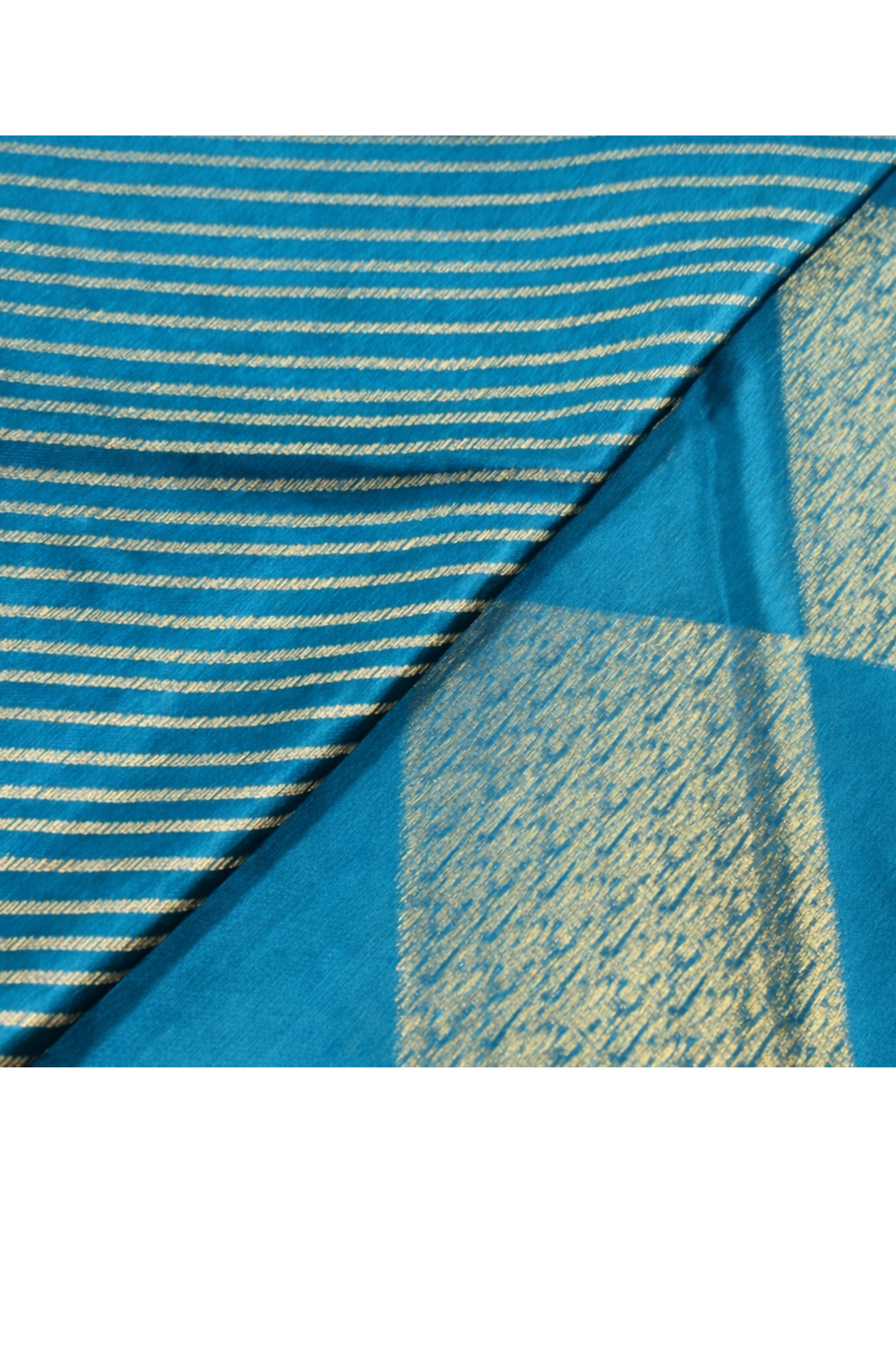 Pure Crepe - Gold Zari Blocks of Fine Floral Zari - Teal Blue