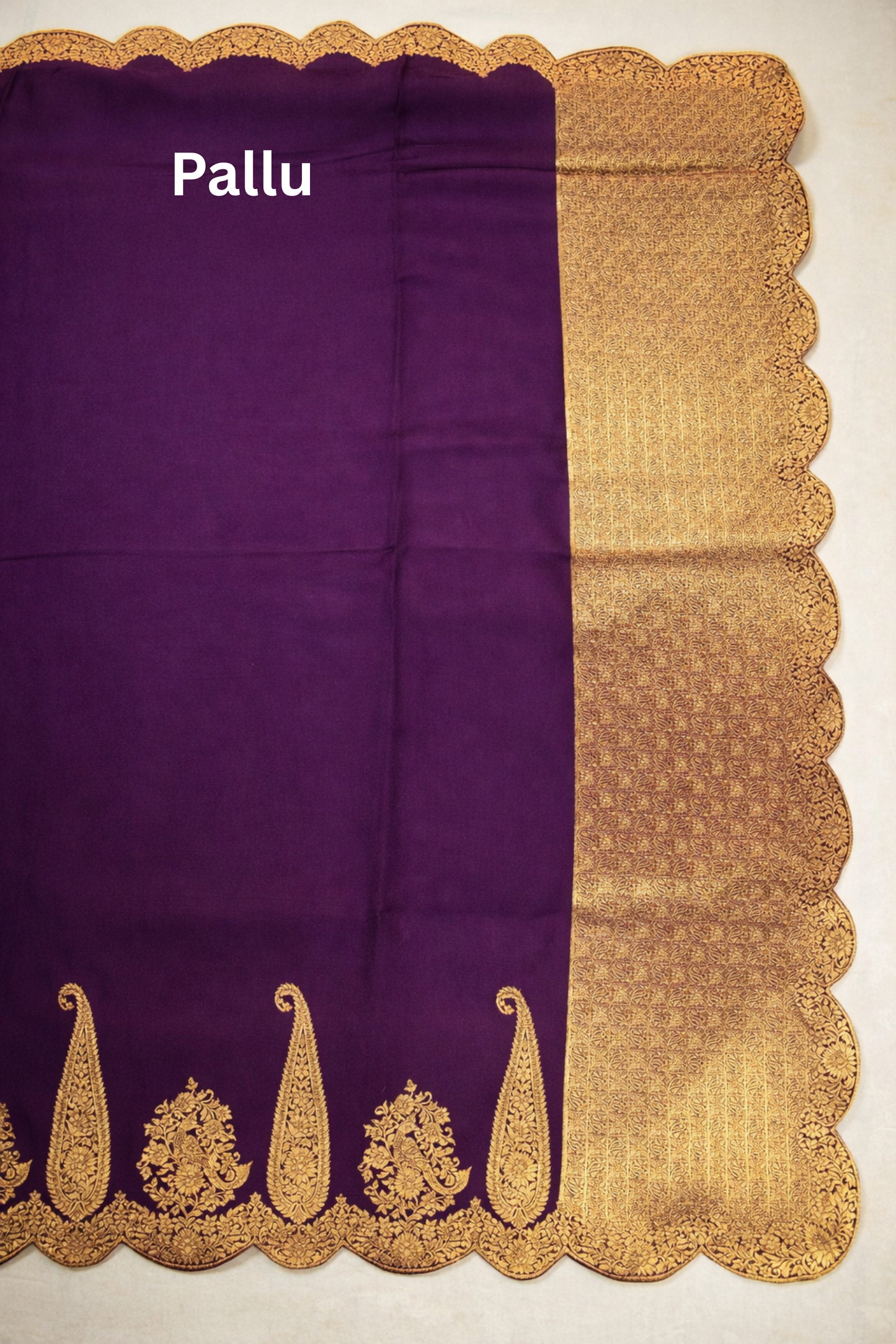 Large paisley Gold Zari with Scalloped Border - Purple