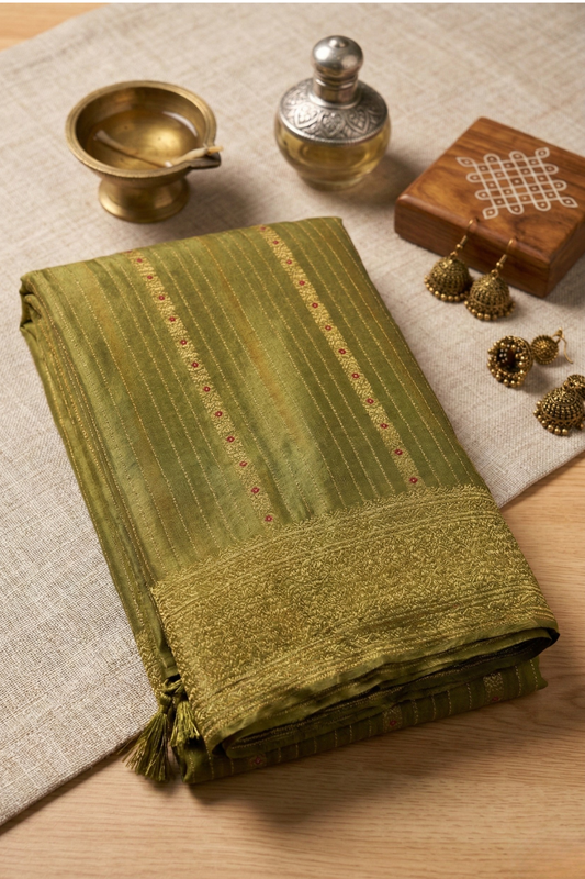 Pure Crepe - Fine Vertical Stripes Interspersed  with Ornate Red Floral Zari Panels - Olive Green