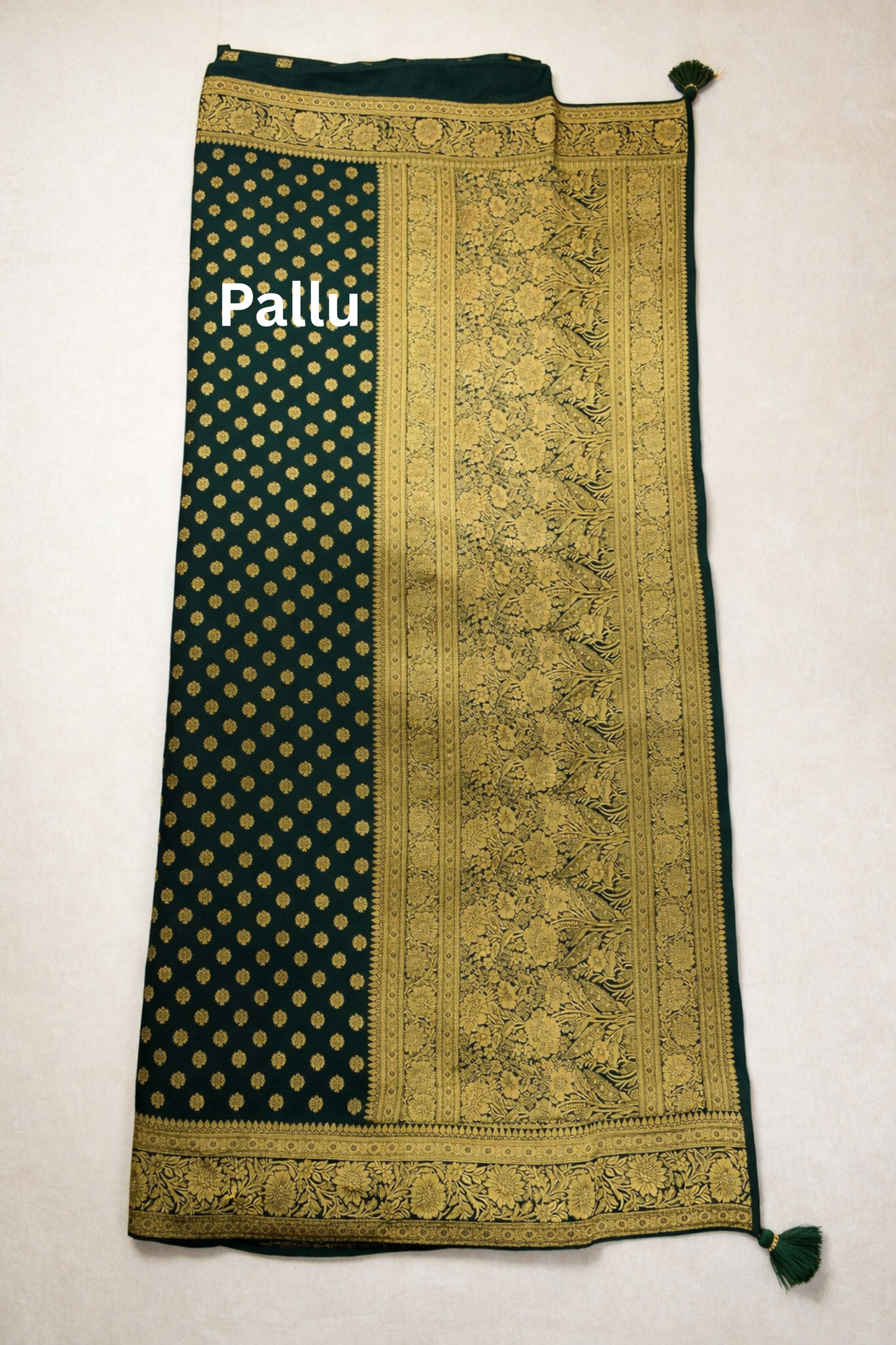 Banarasi Silk Saree with Antique Gold Floral Zari Border and Butti Work - Bottle Green
