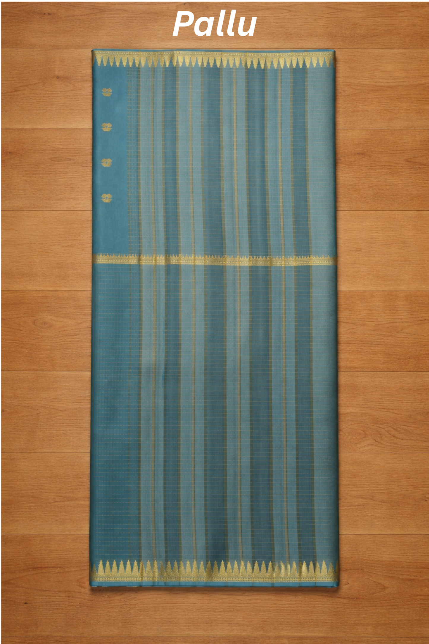 Parampara - Half check and half plain with small flower butta - Teal Green with Blue undertone