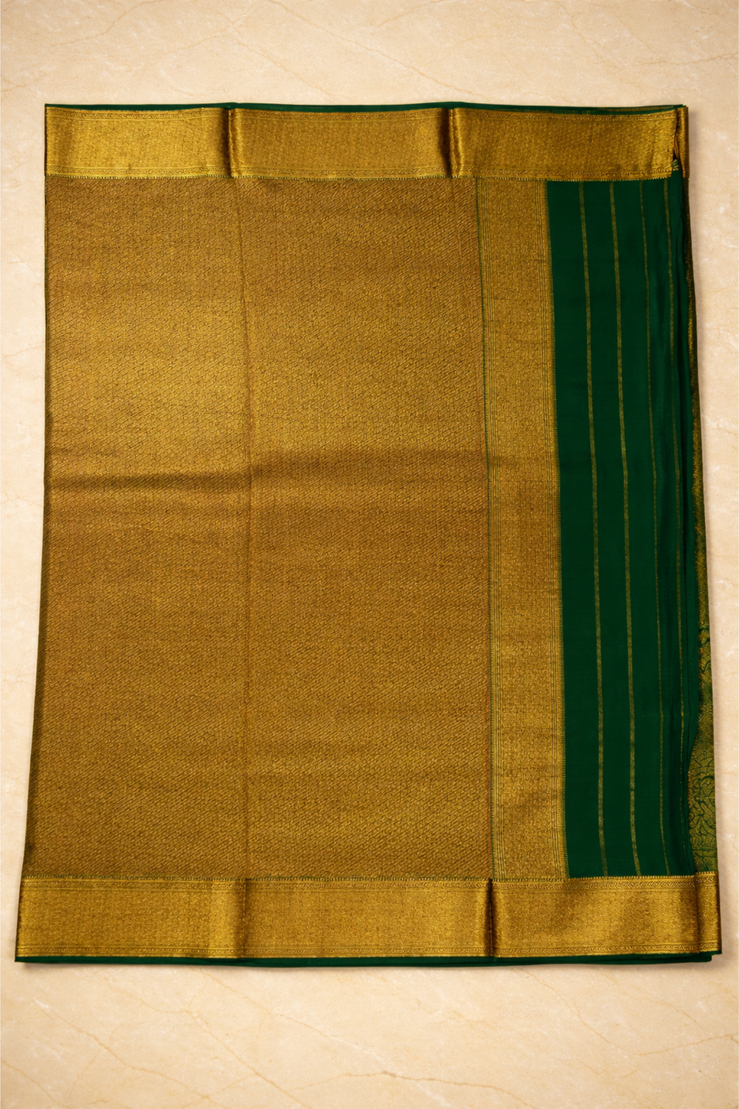 Pure Crepe - A large Elaborate Paisley (Kalki) Motifs all over with a Geometric Border - Green