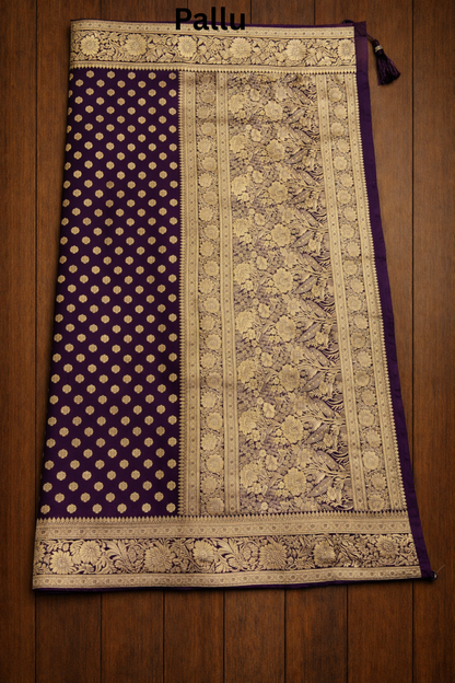 Banarasi Silk Saree with Antique Gold Floral Zari Border and Butti Work - Purple
