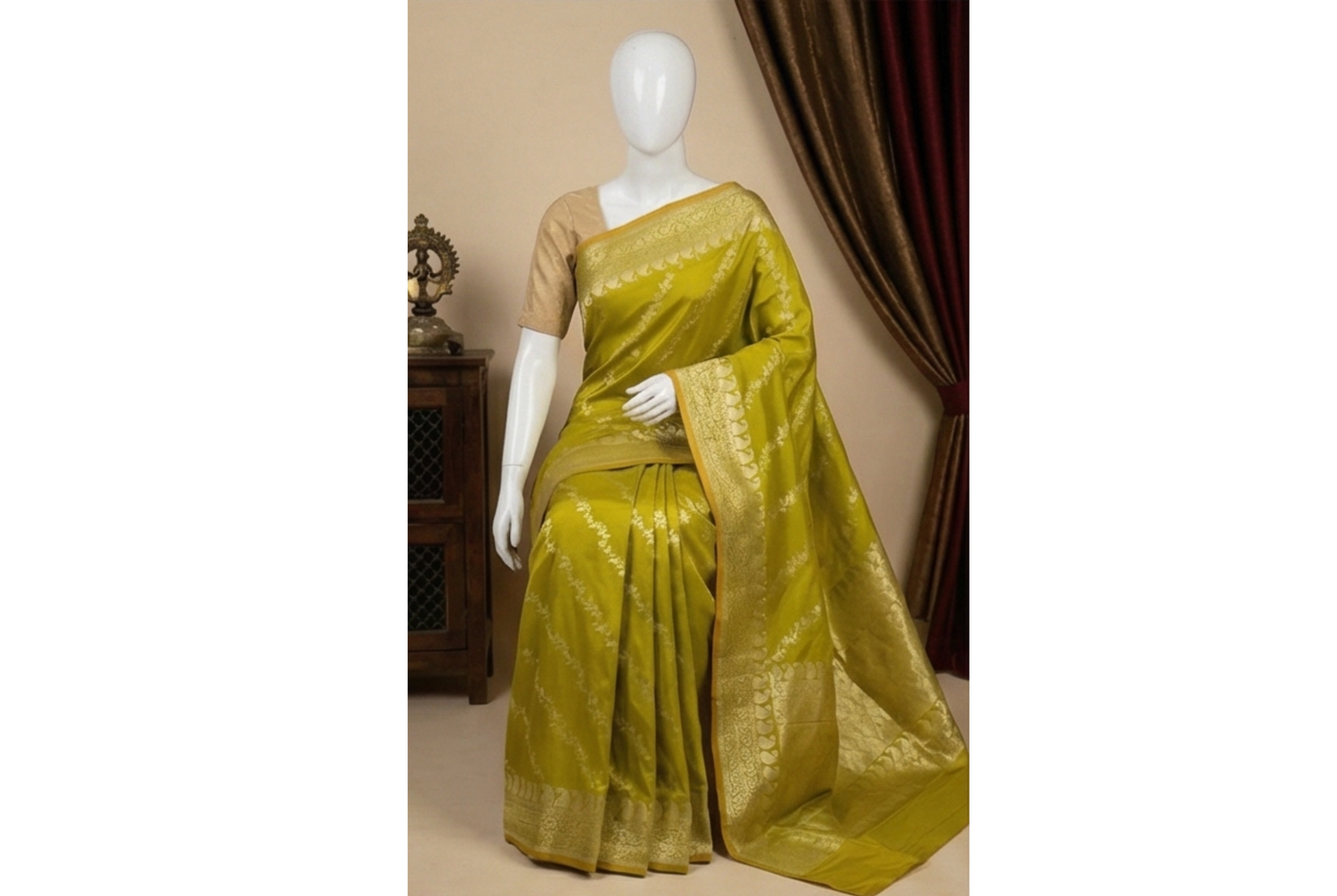 Gold Zari Floral Creeper Motifs with Small Mango Border - Parrot Green