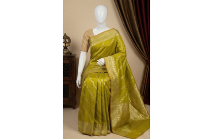 Gold Zari Floral Creeper Motifs with Small Mango Border - Parrot Green
