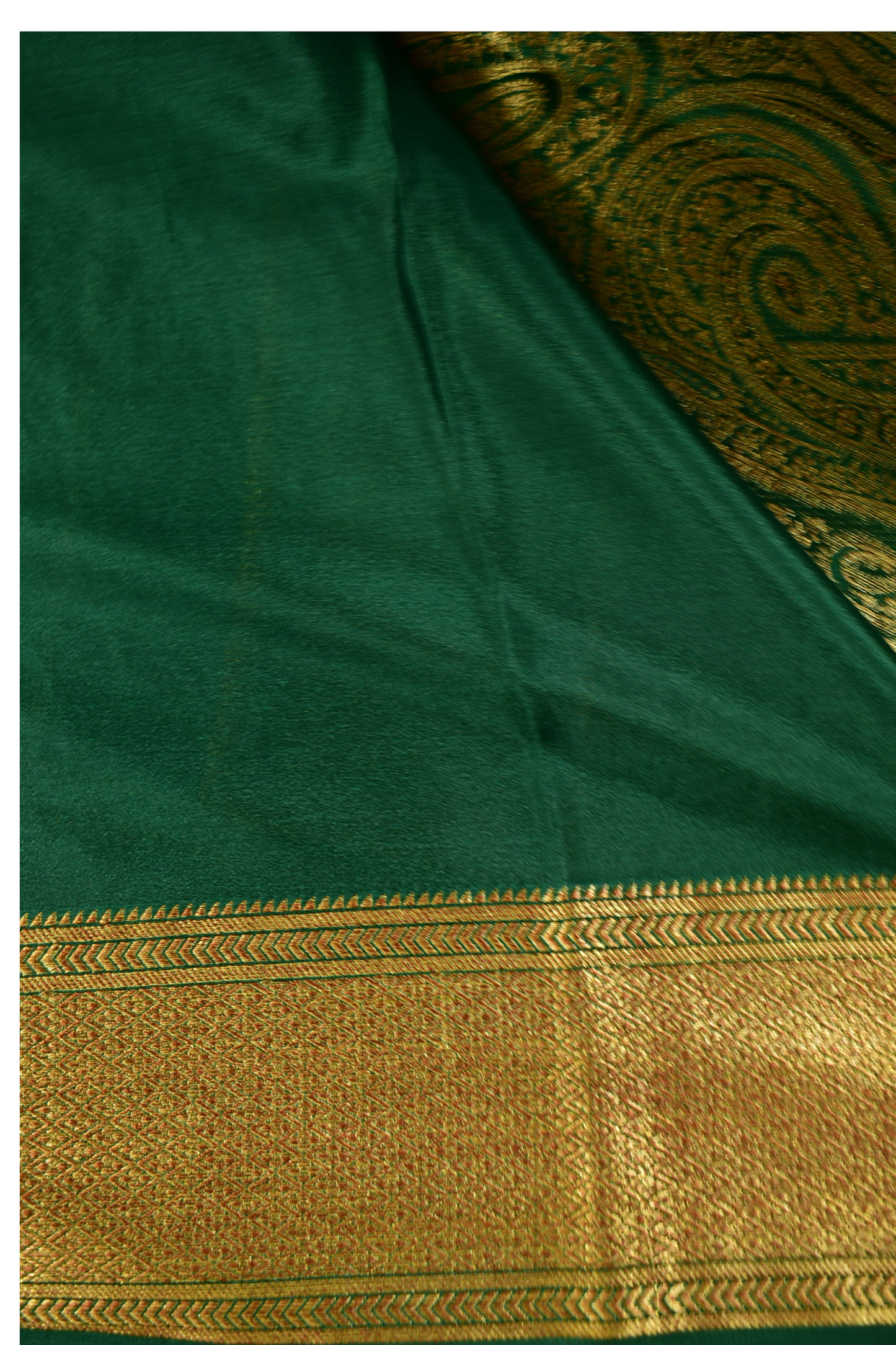 Pure Crepe - A large Elaborate Paisley (Kalki) Motifs all over with a Geometric Border - Green