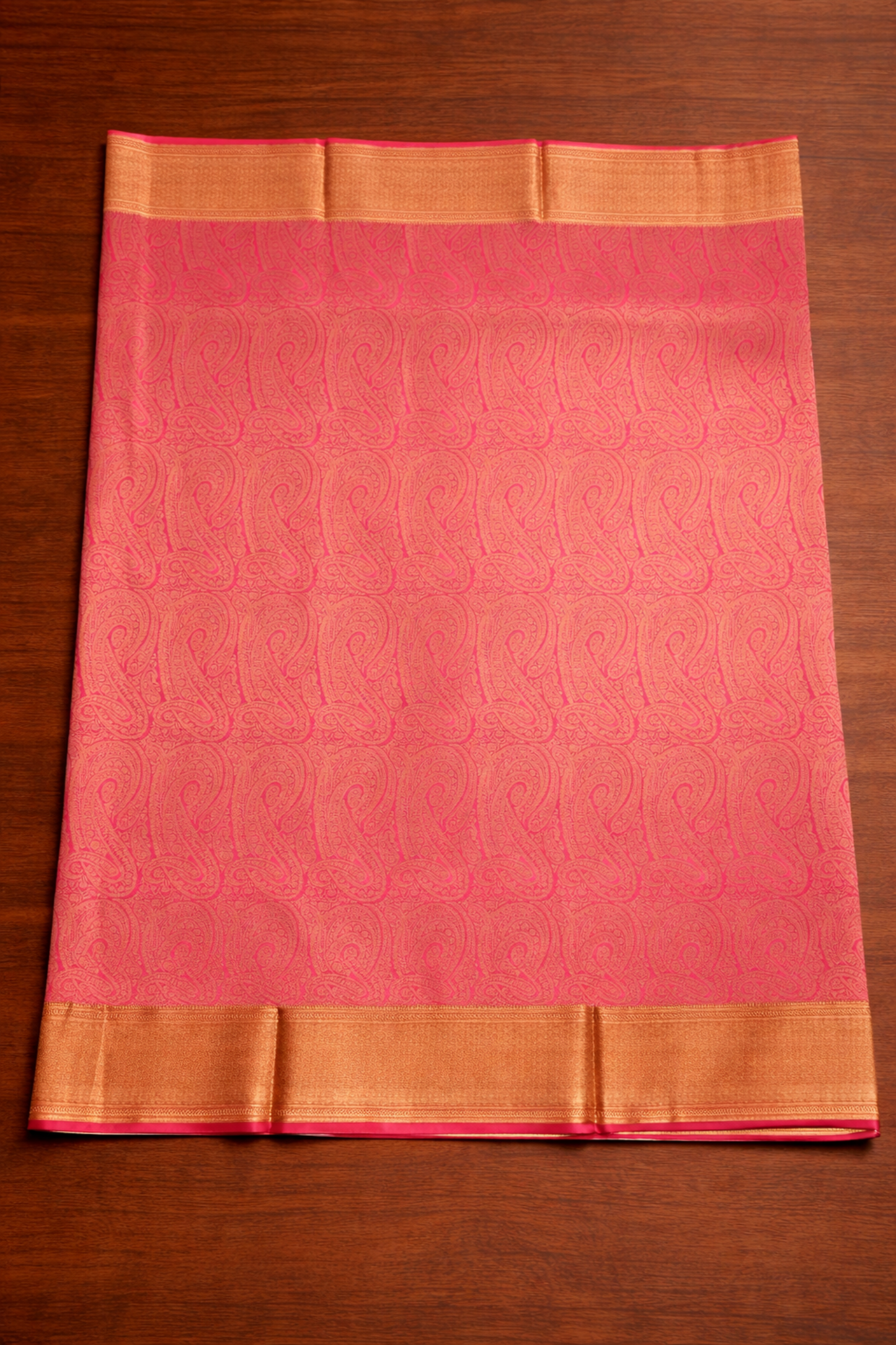 Pure Crepe - A large Elaborate Paisley (Kalki) Motifs all over with a Geometric Border - Hot Pink