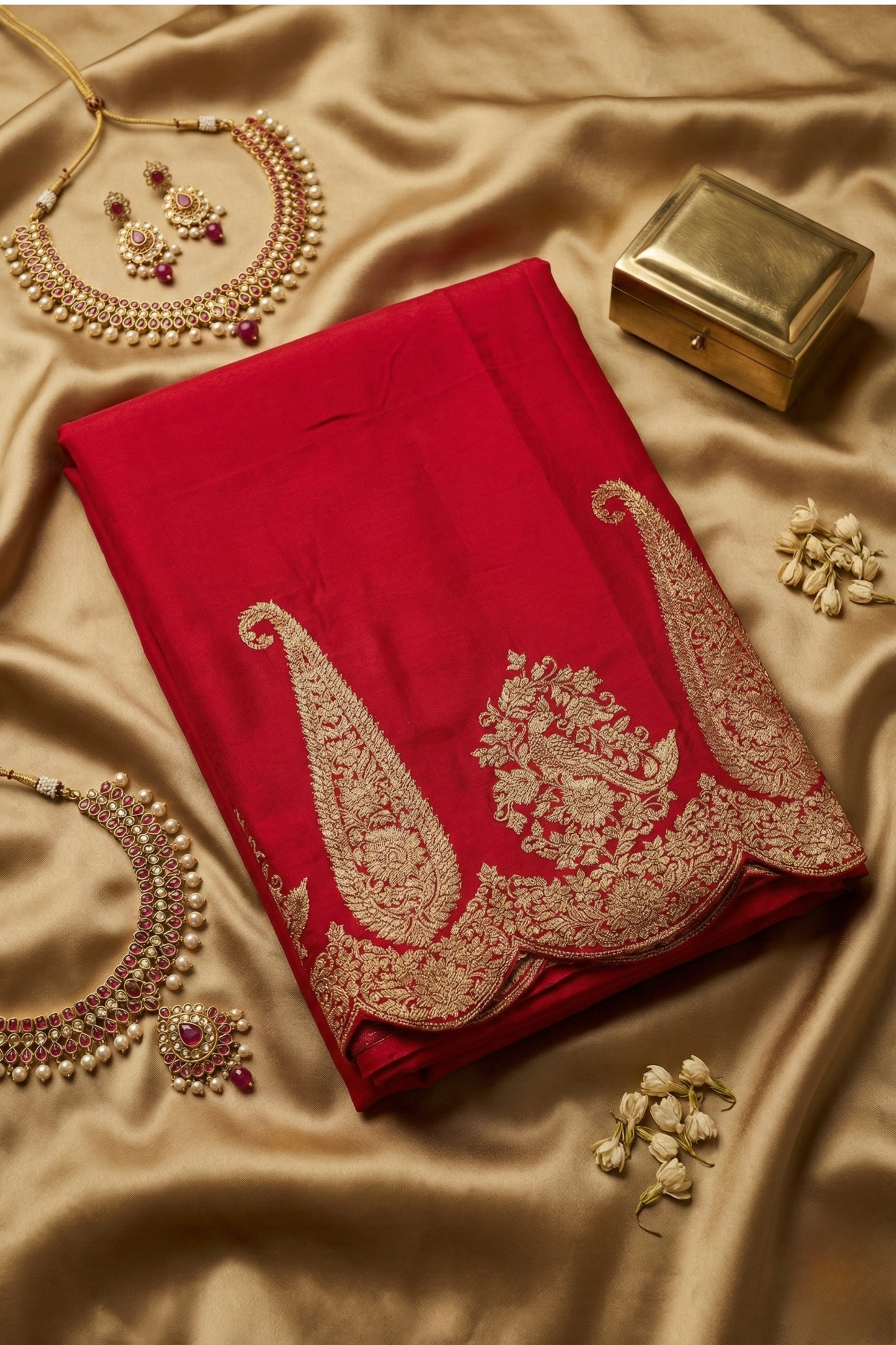 Large paisley Gold Zari with Scalloped Border - Ruby Red