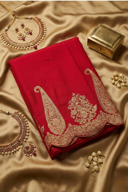 Large paisley Gold Zari with Scalloped Border - Ruby Red