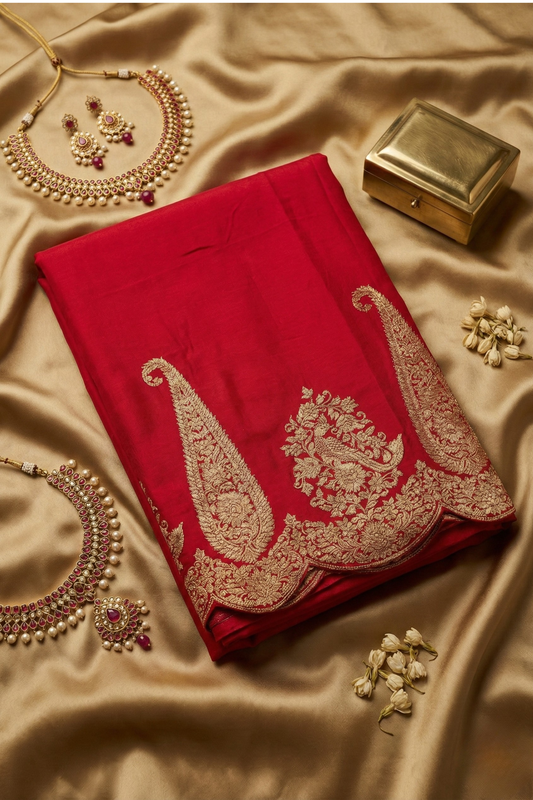 Large paisley Gold Zari with Scalloped Border - Ruby Red