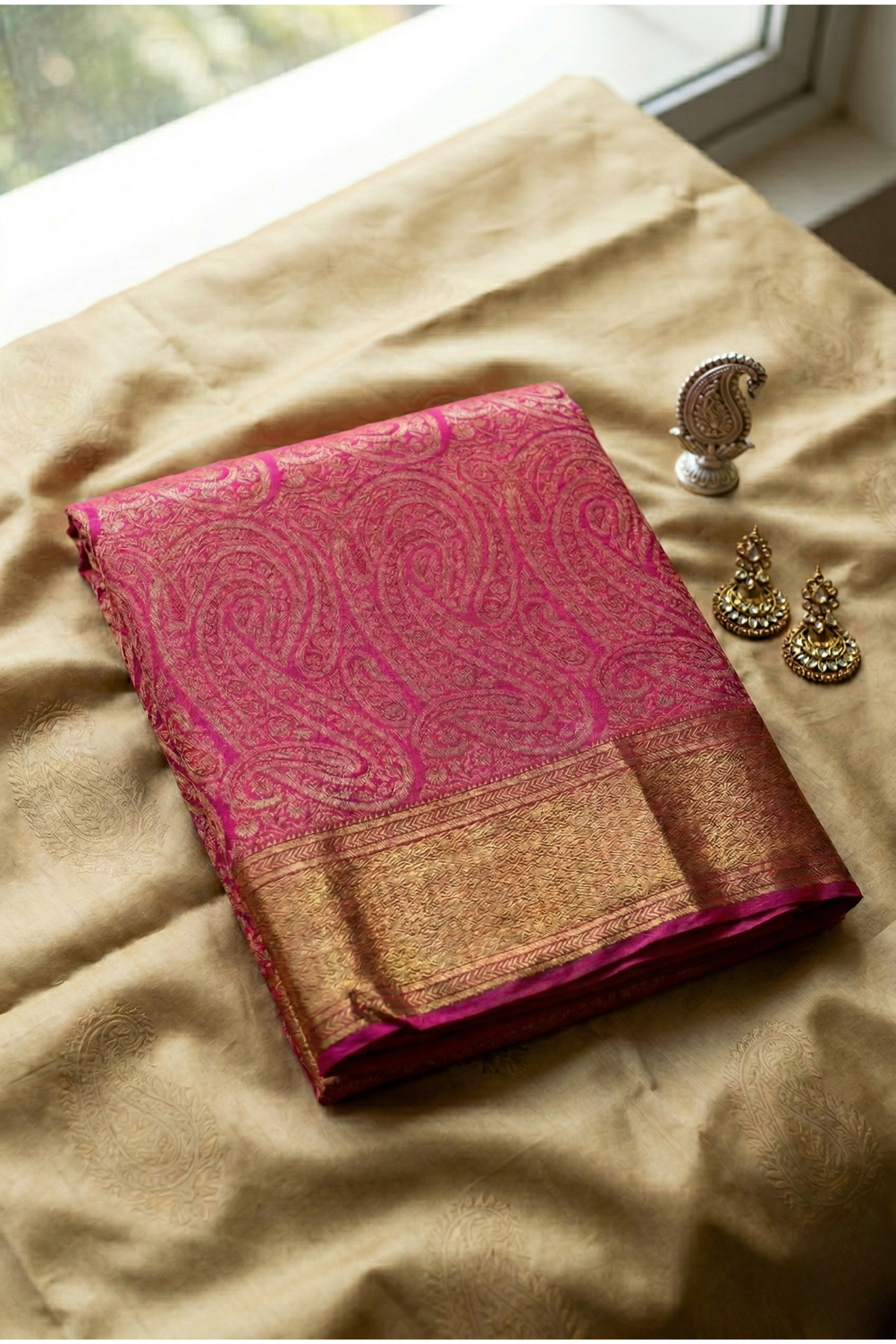 Pure Crepe - A large Elaborate Paisley (Kalki) Motifs all over with a Geometric Border - Hot Pink