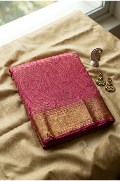 Pure Crepe - A large Elaborate Paisley (Kalki) Motifs all over with a Geometric Border - Hot Pink
