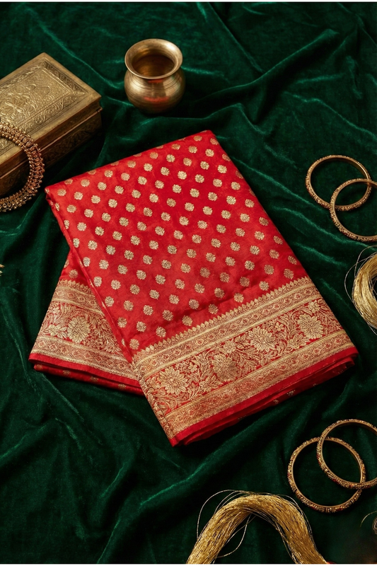 Banarasi Silk Saree with Antique Gold Floral Zari Border and Butti Work - Red