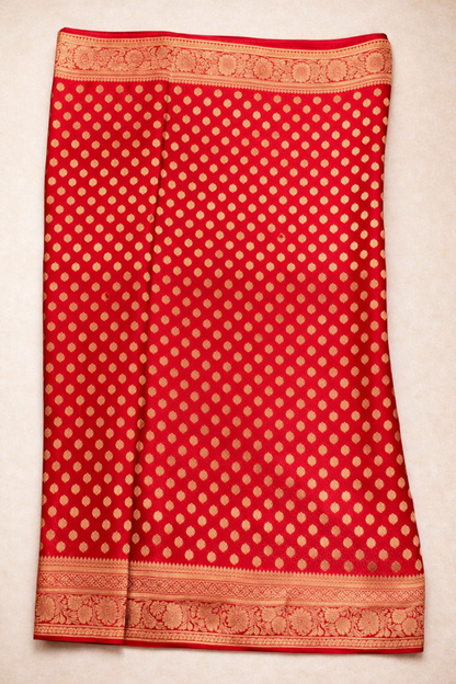 Banarasi Silk Saree with Antique Gold Floral Zari Border and Butti Work - Red