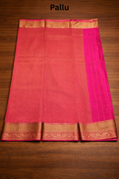 Pure Crepe - A large Elaborate Paisley (Kalki) Motifs all over with a Geometric Border - Hot Pink