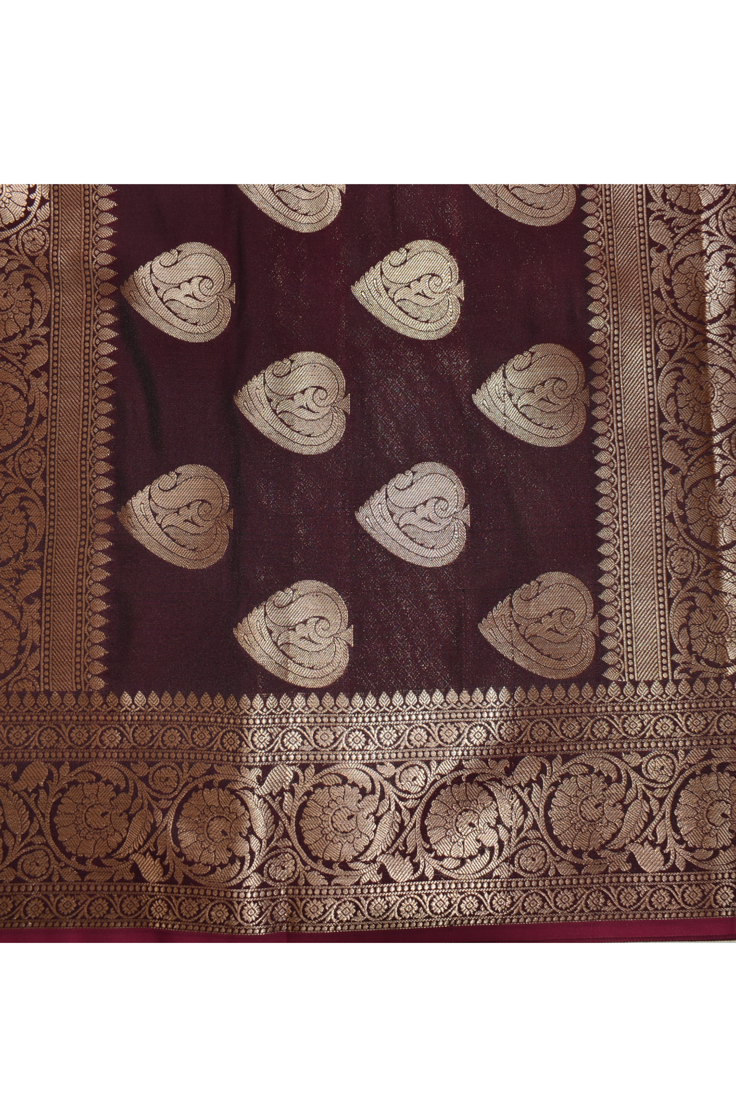 Golden Peacock like Butta and Floral Border  - Maroon Brown