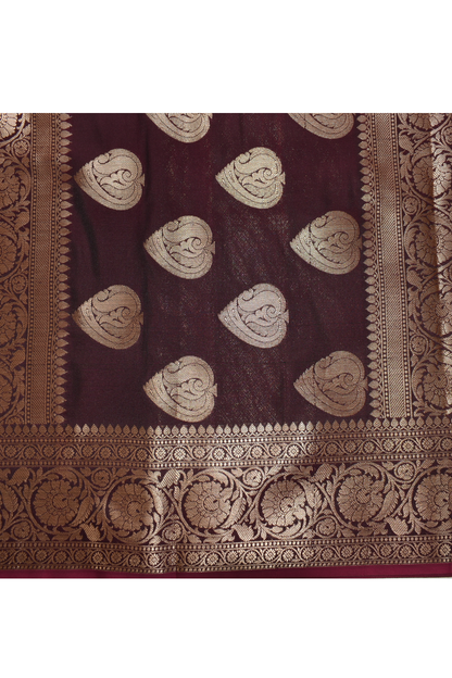 Golden Peacock like Butta and Floral Border  - Maroon Brown