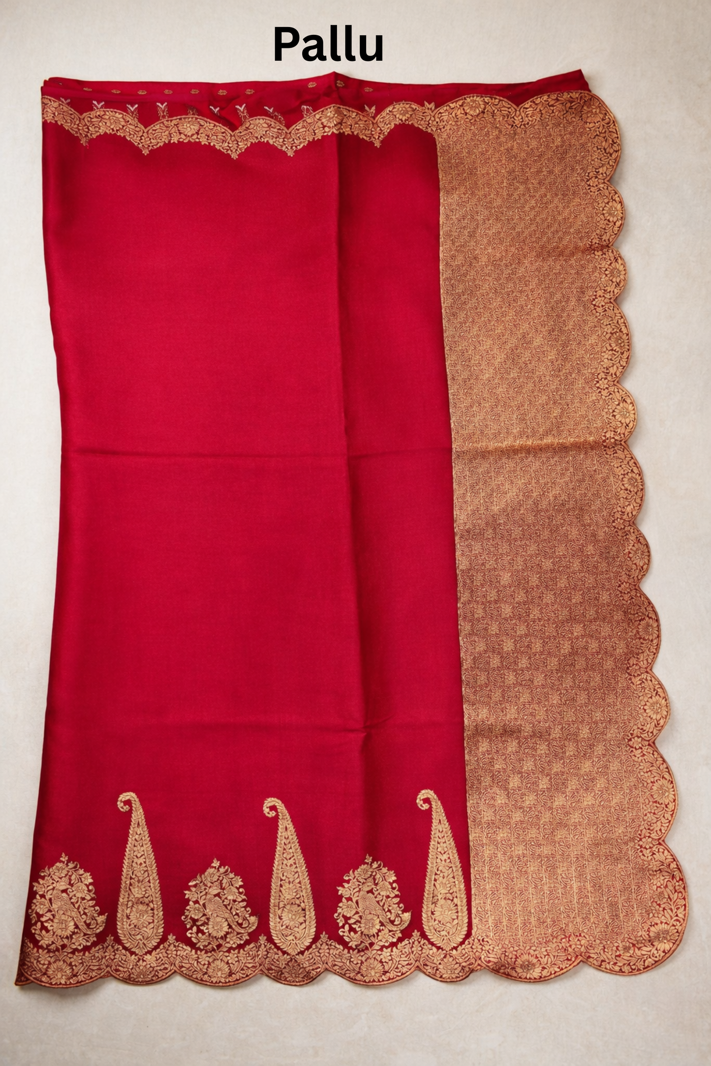 Large paisley Gold Zari with Scalloped Border - Ruby Red