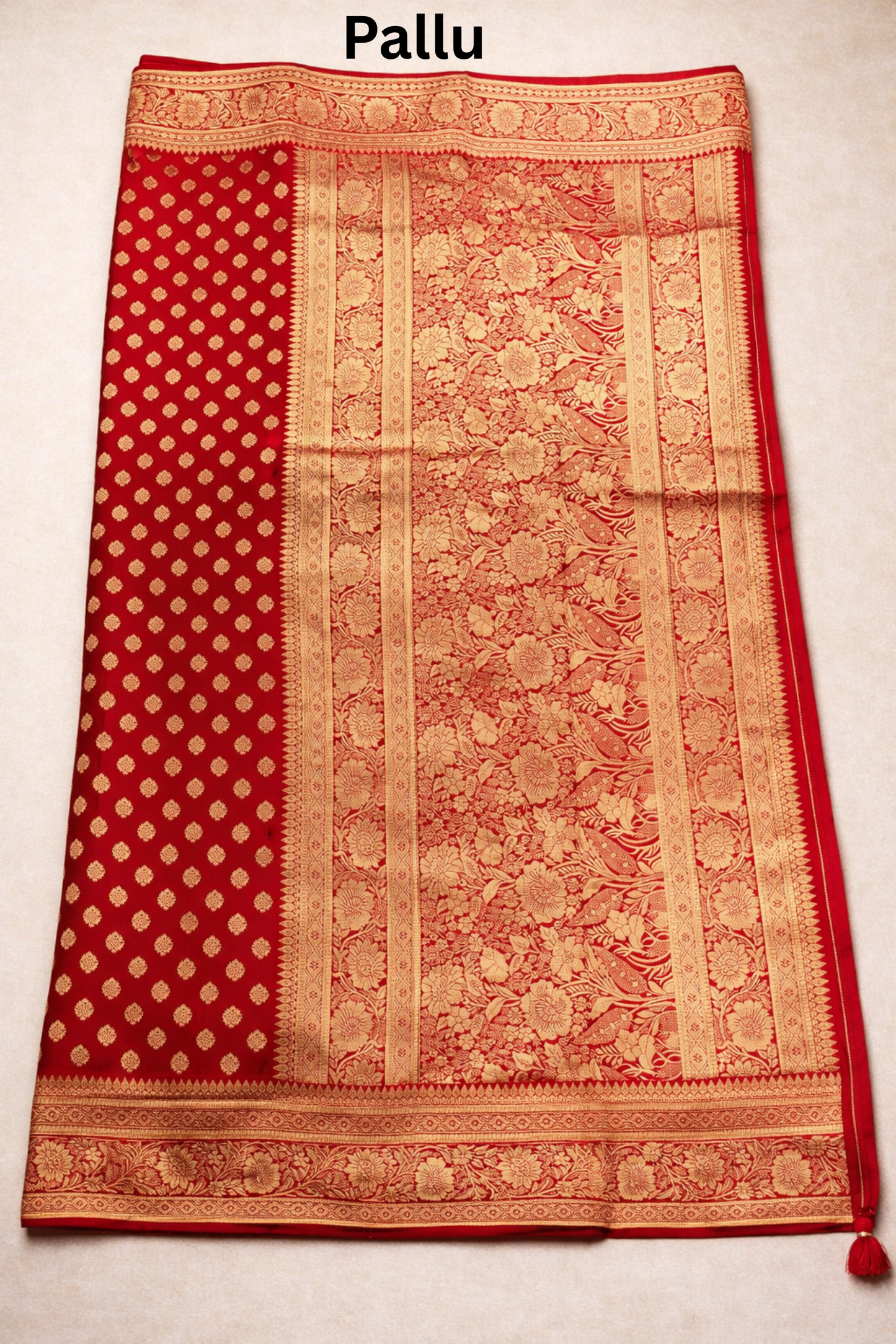 Banarasi Silk Saree with Antique Gold Floral Zari Border and Butti Work - Red