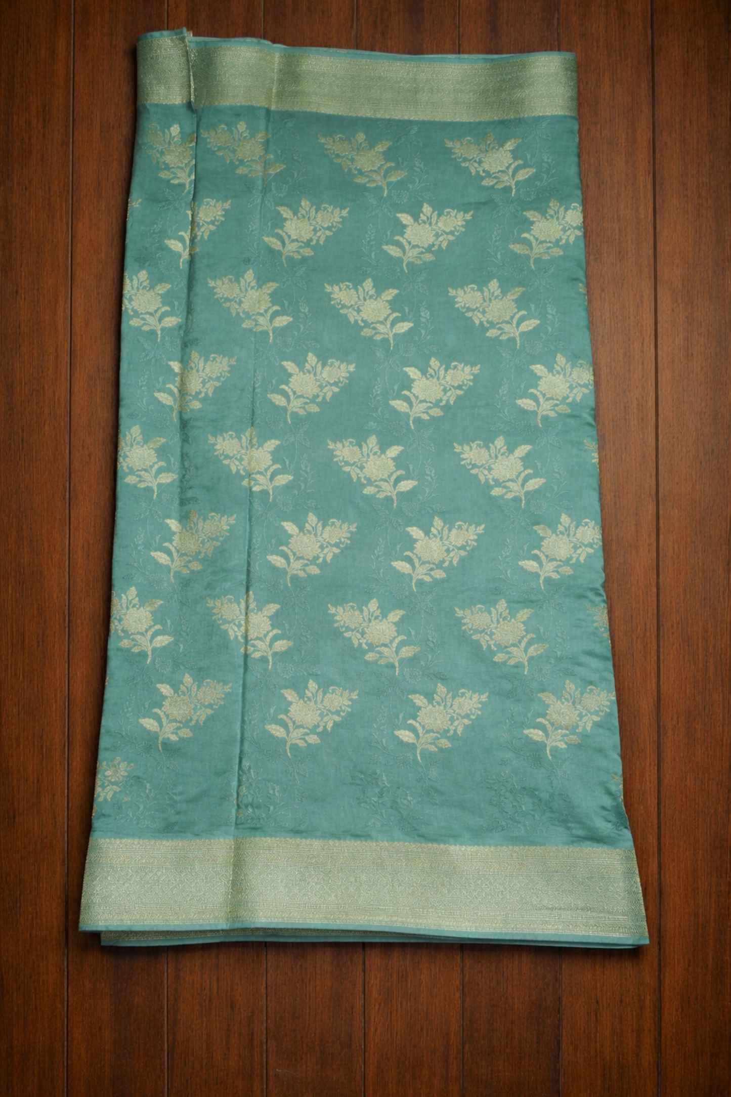 Floral Bunch Butta with Self  work and Border - Sea Green