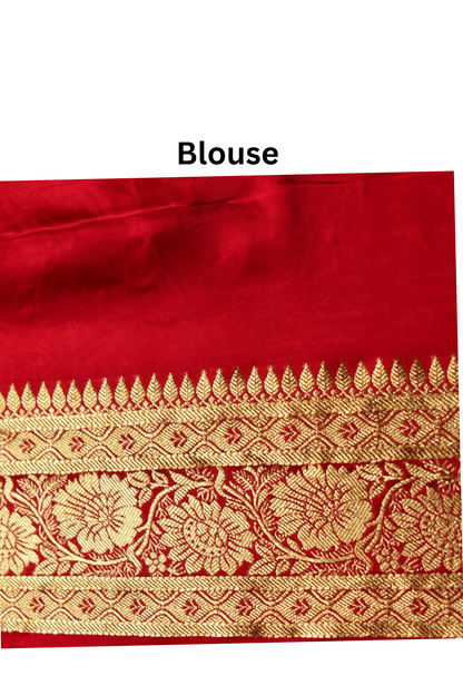 Banarasi Silk Saree with Antique Gold Floral Zari Border and Butti Work - Red