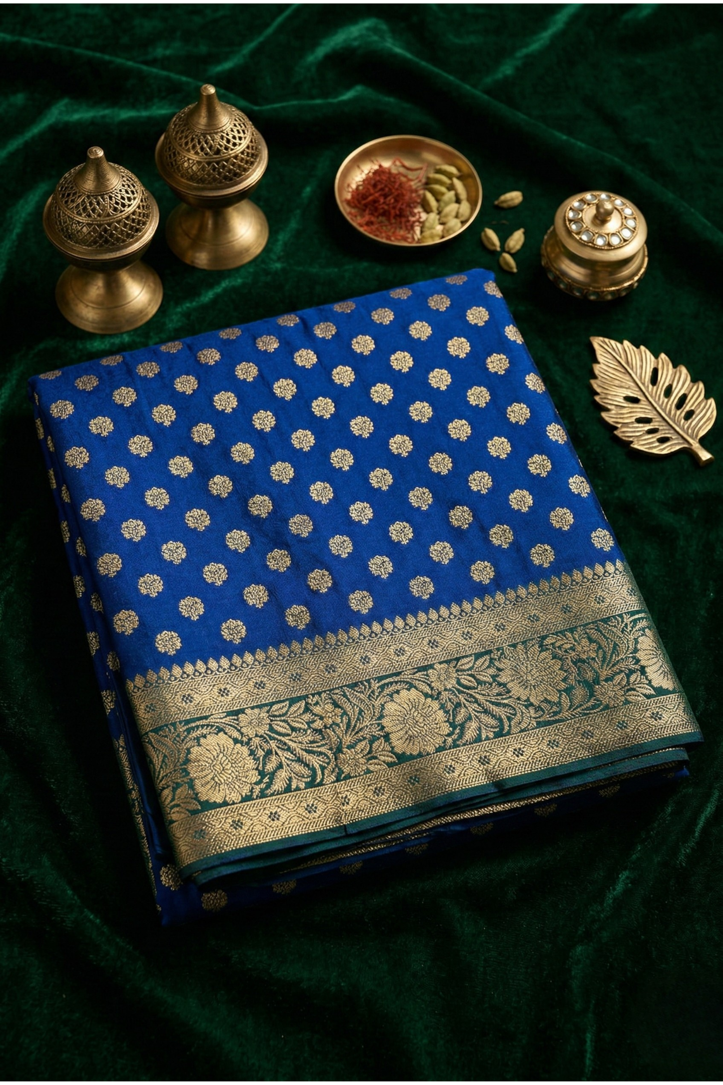 Banarasi Silk Saree with Antique Gold Floral Zari Border and Butti Work - Royal blue