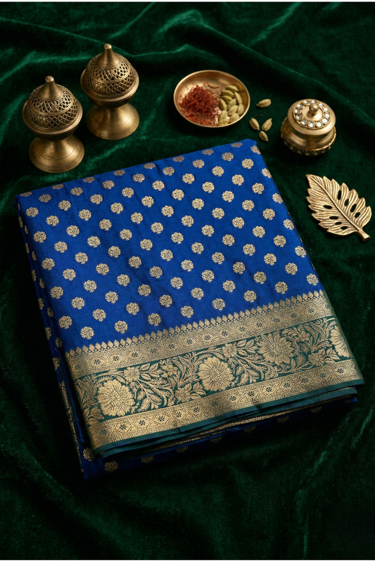 Banarasi Silk Saree with Antique Gold Floral Zari Border and Butti Work - Royal blue