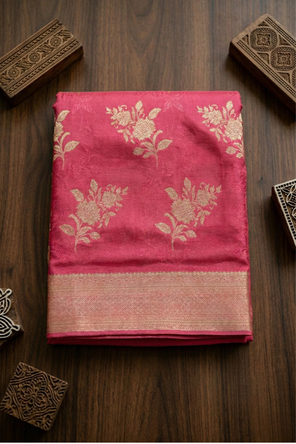Floral Bunch Butta with Self  work and Border - Rani Pink