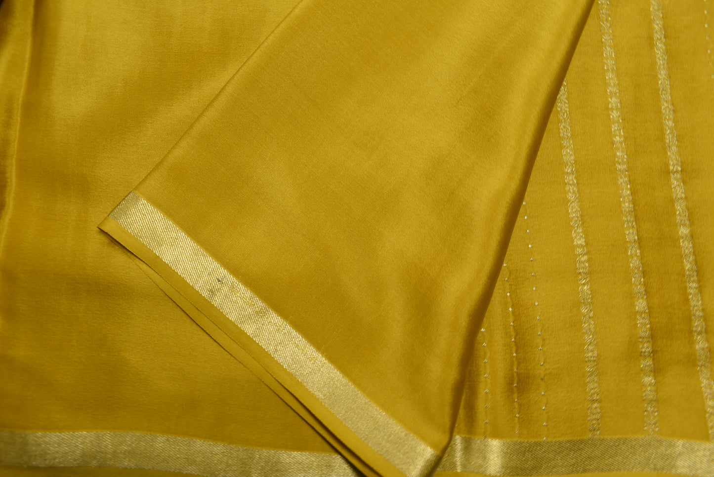 Pure Crepe - Alternate Vertical Patterns - Thicker and Thinner Vertical Zari Strips of tiny, pinpoint Gold and Silver dots