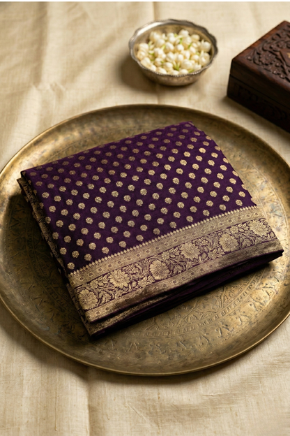 Banarasi Silk Saree with Antique Gold Floral Zari Border and Butti Work - Purple