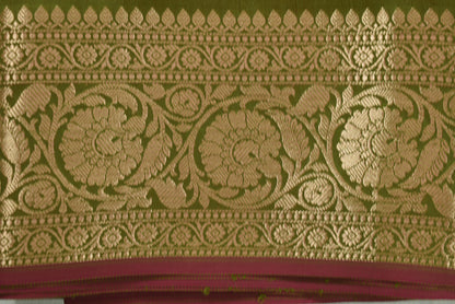 Golden Peacock like Butta and Floral Border  - Olive Green