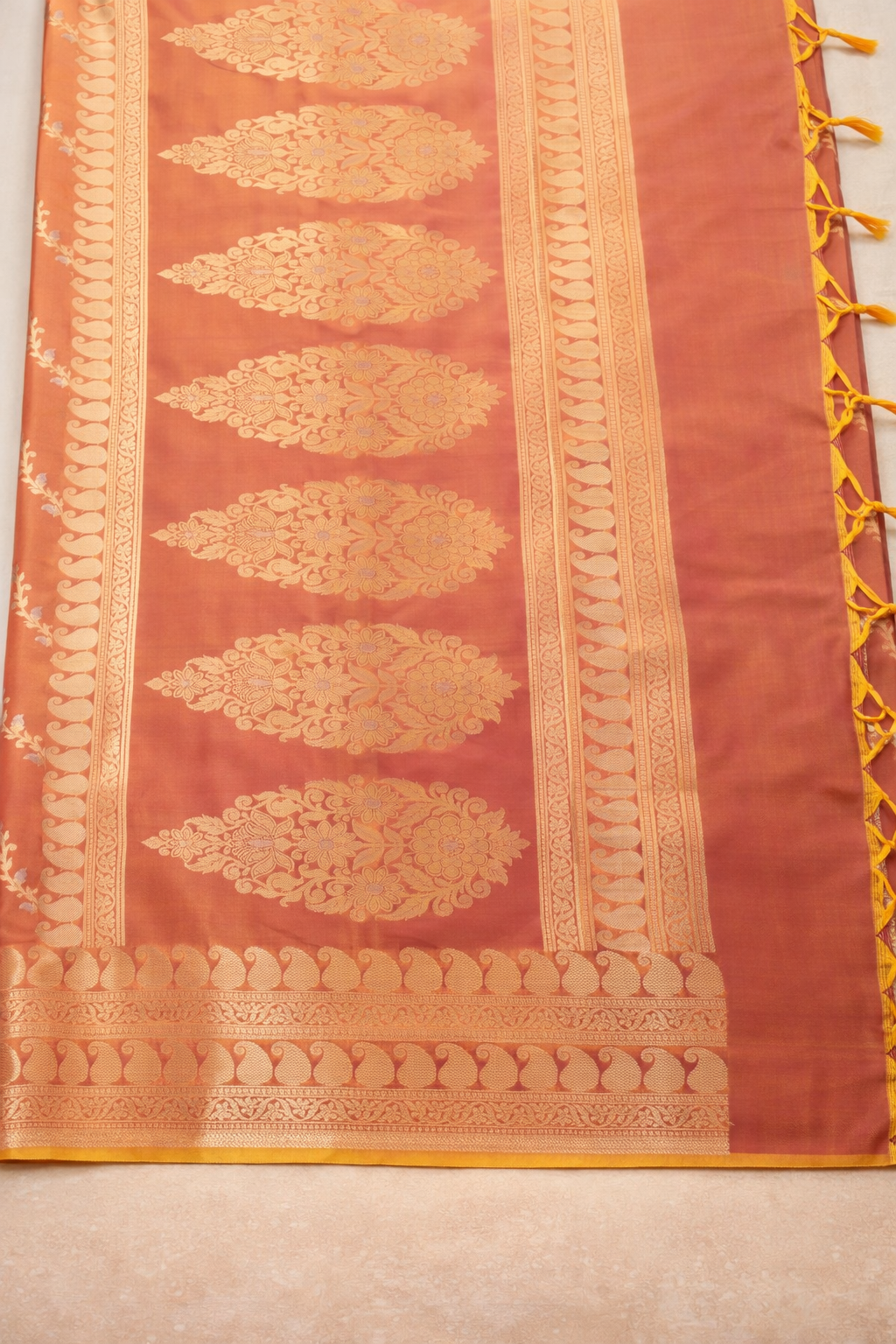 Gold Zari Floral Creeper Motifs with Small Mango Border - Dual toned peach and pink with gold