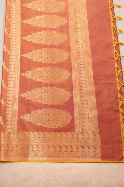 Gold Zari Floral Creeper Motifs with Small Mango Border - Dual toned peach and pink with gold