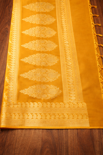 Gold Zari Floral Creeper Motifs with Small Mango Border - Yellow