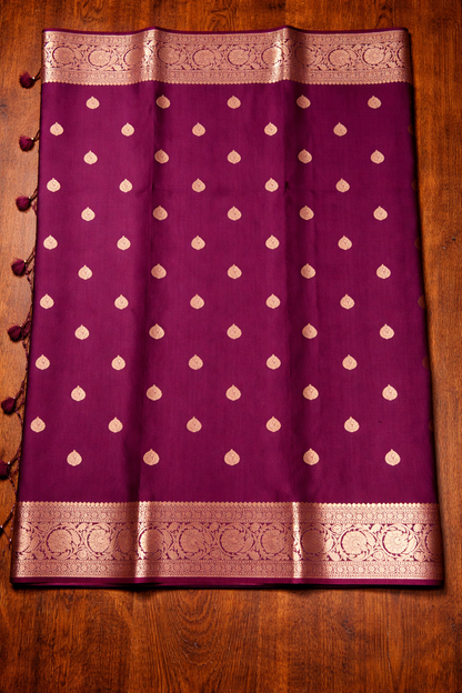 Golden Peacock like Butta and Floral Border  - Plum/Deep Wine