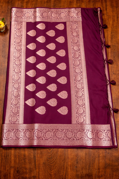 Golden Peacock like Butta and Floral Border  - Plum/Deep Wine