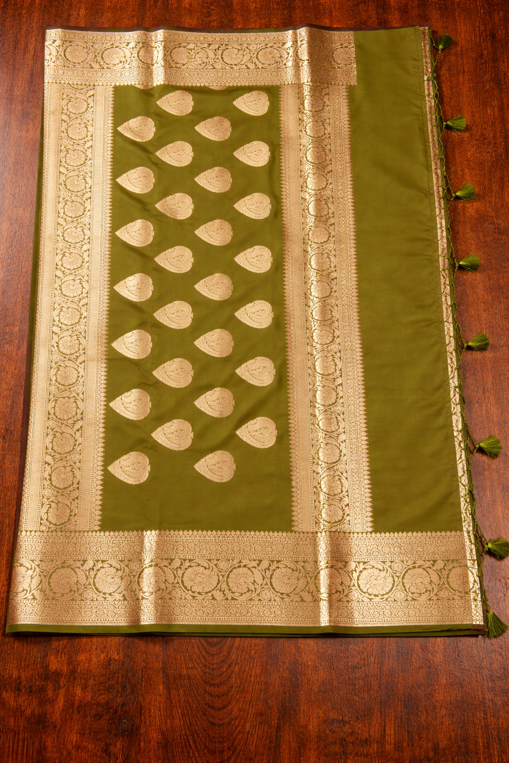 Golden Peacock like Butta and Floral Border  - Olive Green