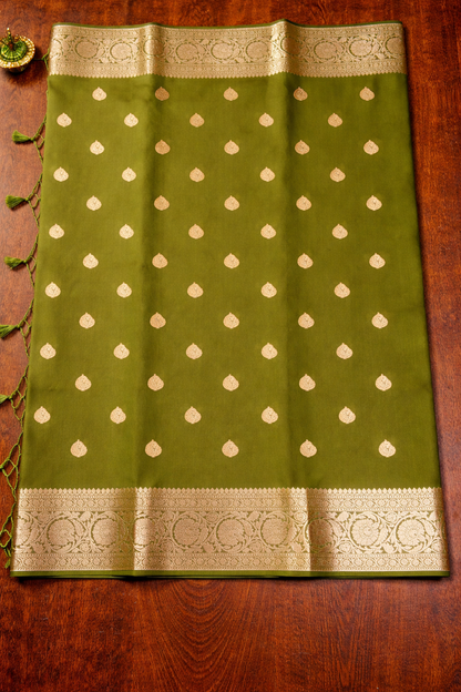 Golden Peacock like Butta and Floral Border  - Olive Green