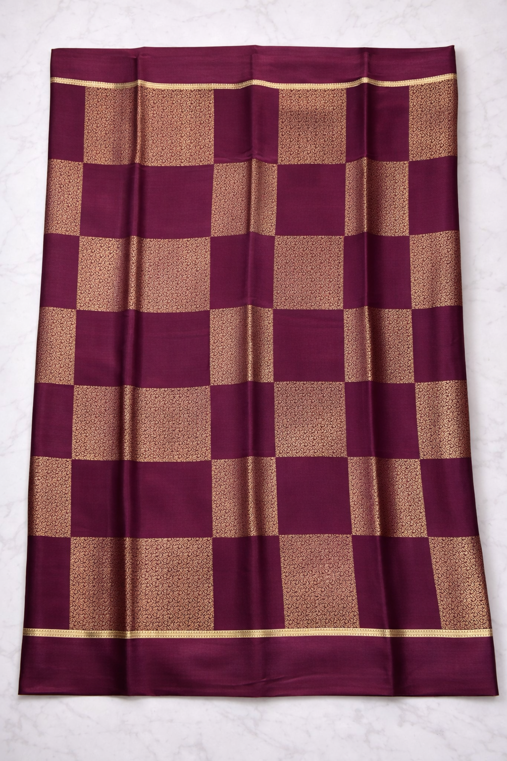 Pure Crepe - Gold Zari Blocks of Fine Floral Zari - Wine/Plum