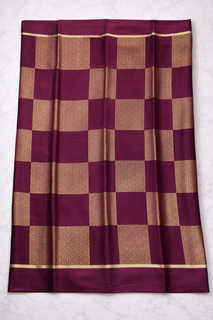 Pure Crepe - Gold Zari Blocks of Fine Floral Zari - Wine/Plum