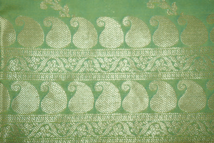 Gold Zari Floral Creeper Motifs with Small Mango Border - Mint Green with Gold tone