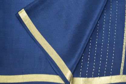 Pure Crepe - Alternate Vertical Patterns - Thicker and Thinner Vertical Zari Strips of tiny, pinpoint Gold and Silver dots - Royal blue