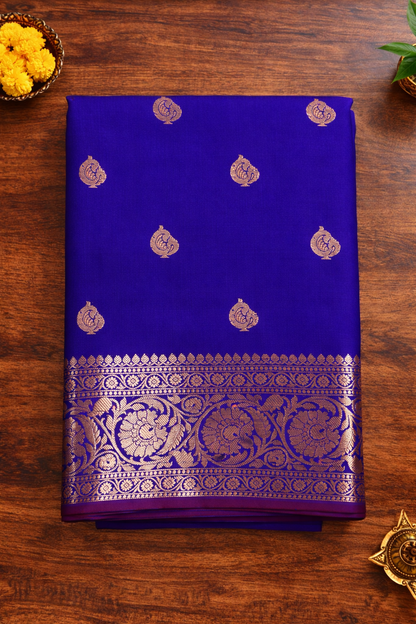 Golden Peacock like Butta and Floral Border  - Electric Blue