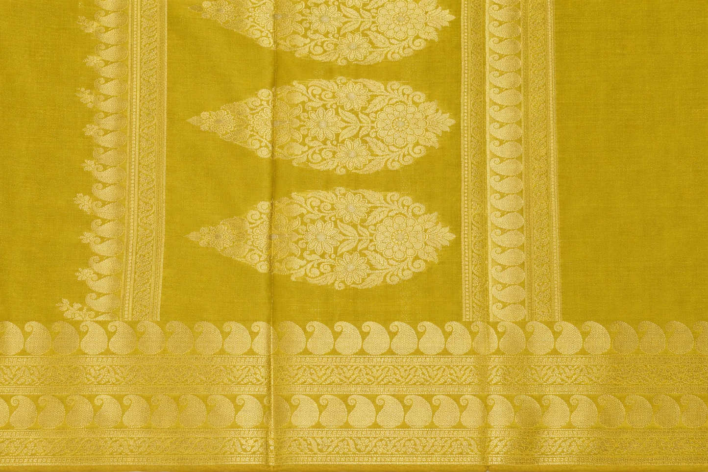 Gold Zari Floral Creeper Motifs with Small Mango Border - Parrot Green